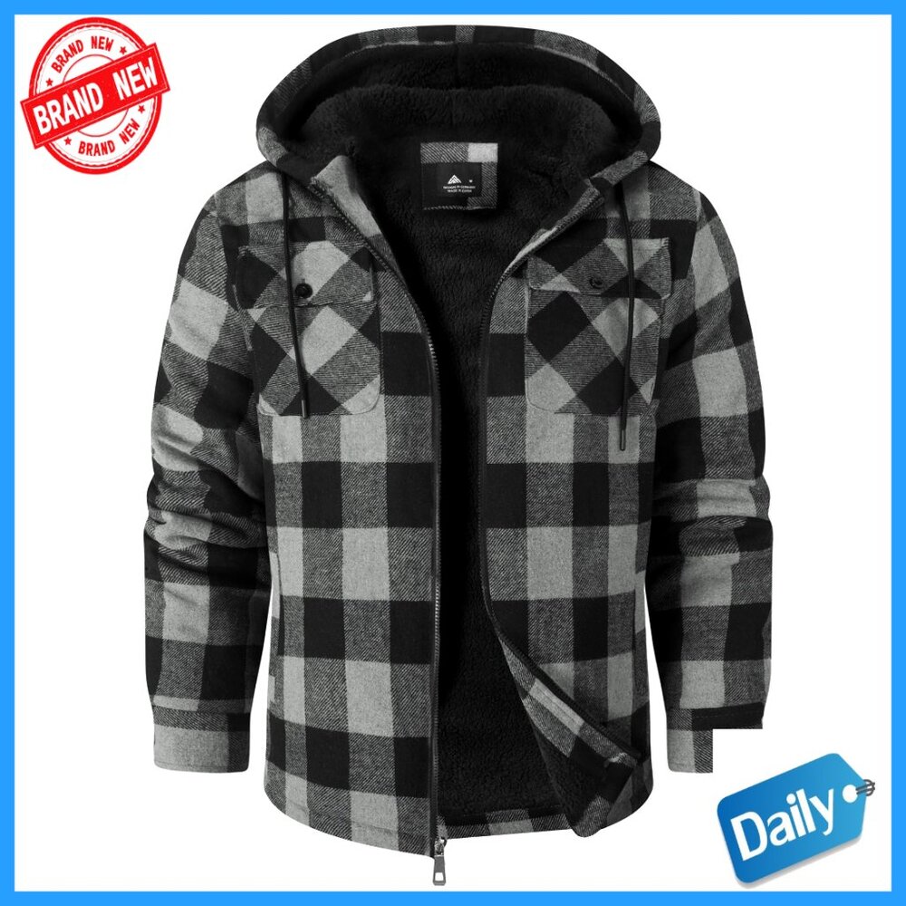Men's Flannel Hooded Jacket Sherpa Lined Zip Up Oversized Retro Streetwear